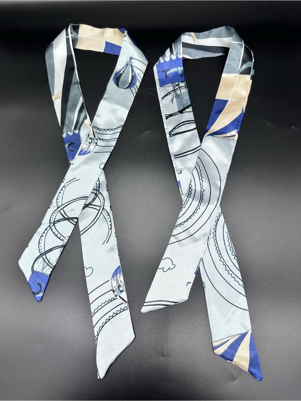 2 Pc Silk Scarf Hot Air Balloon Graphic Skinny Headband Ribbon Blue Grey “35”